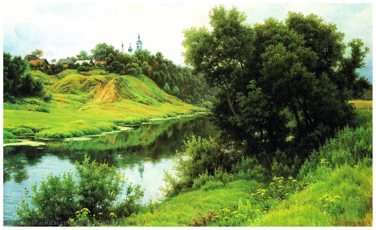 草地 风景油画 河流 绘画书法 绿树 山水油画 文化艺术 春天 风景 油画 设计素材 模板下载 春天风景油画 油画风景 油画山水 小溪 鲜花 西方油画 油画集 家居装饰素材