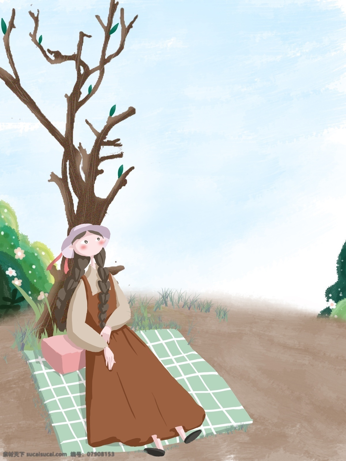 春季 郊游 小女孩 背景 手绘 大树 植物 布 春天