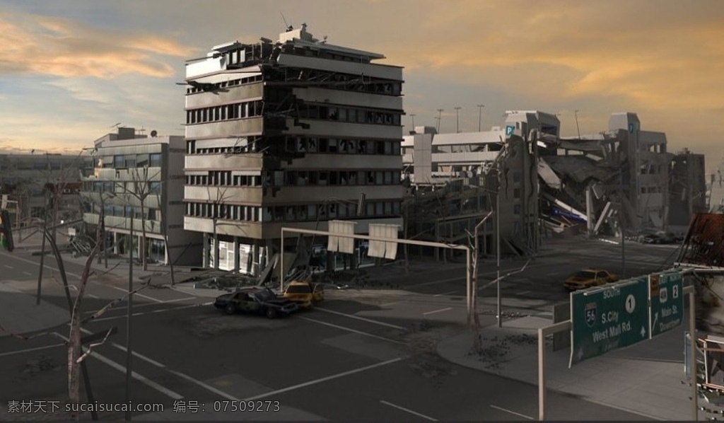 3d废墟城市 倒塌房屋 城市废墟 烧毁汽车 街道 真实贴图 科幻 3d设计 3d作品 max