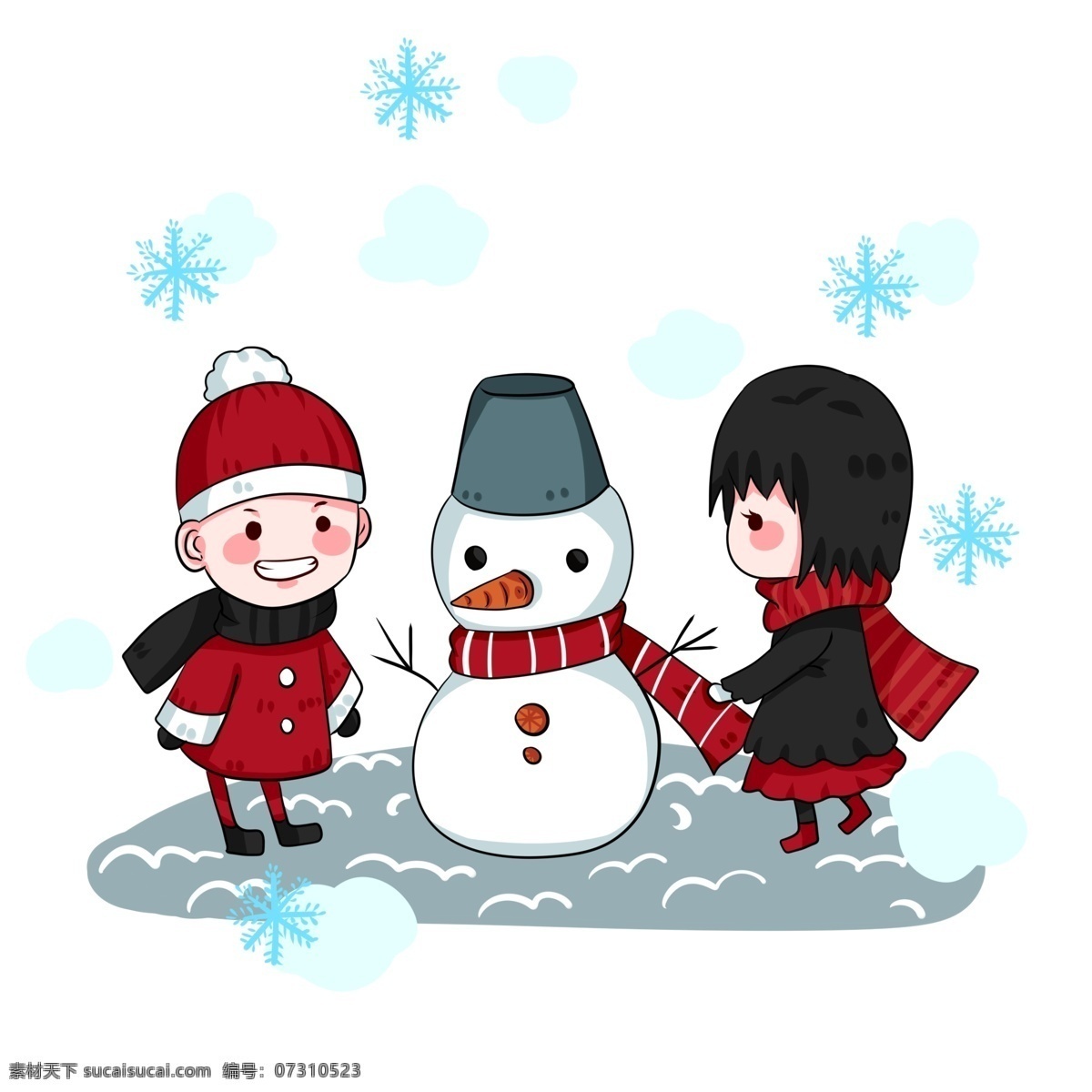 手绘 卡通 圣诞节 堆 雪人 树叶 红色 星星 装饰 男孩儿 女孩儿 黄色 白色 方向 圣诞节快乐 堆雪人