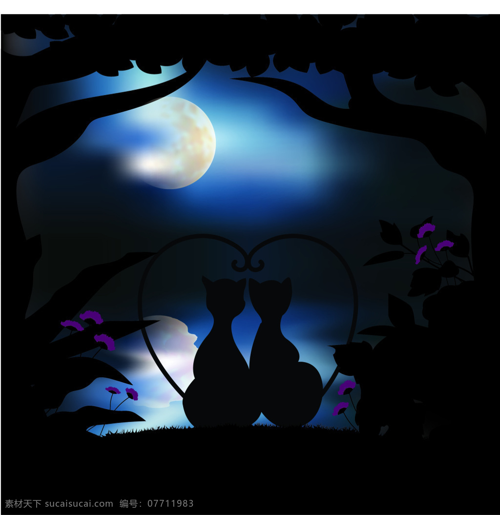 月光 下 浪漫 情侣 猫 插画 可爱 卡通 月亮 动物 小猫 大树