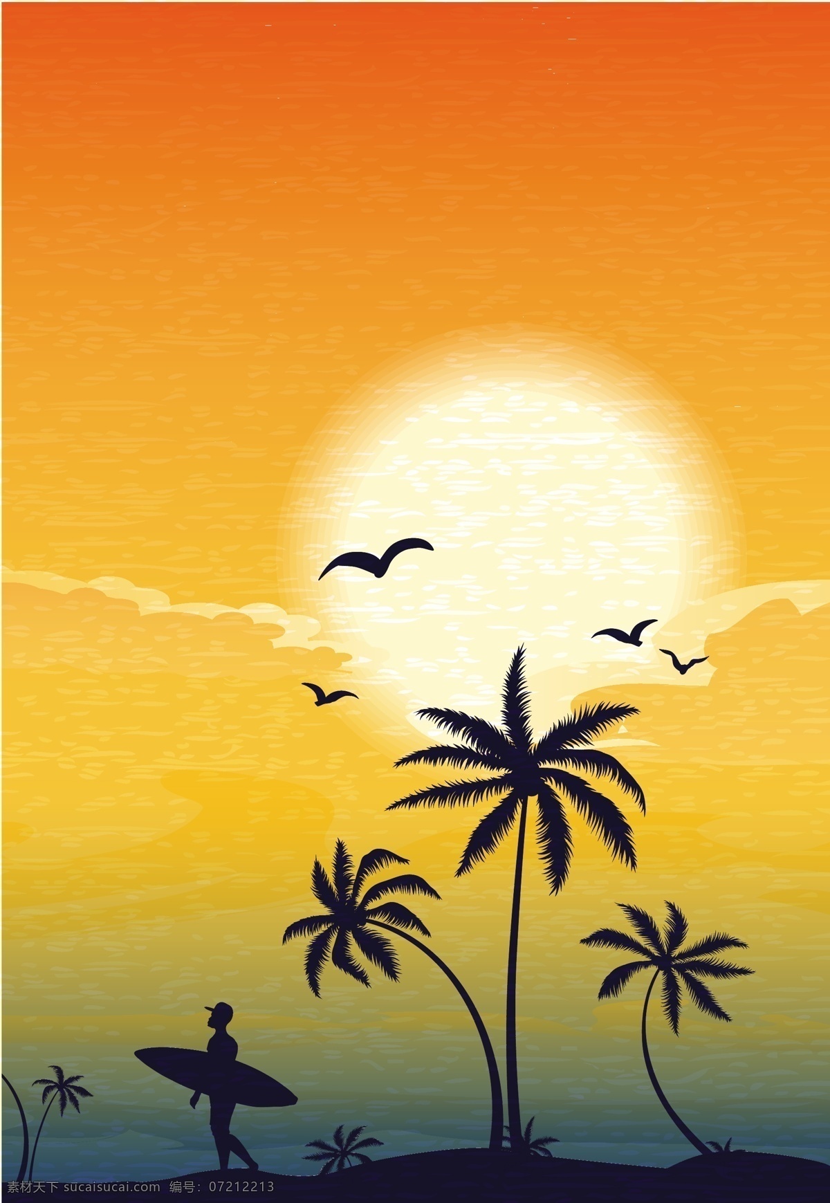 冲浪 人物 椰树 剪影 冲浪人物 卡通椰树 沙滩风景 椰树插画 夏日背景 夏季背景 底纹边框 矢量素材 橙色
