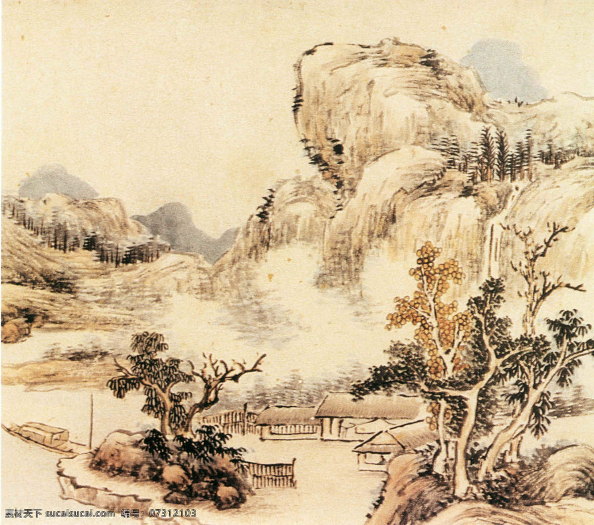 秋夜读书图b 山水画 中国 古画 中国古画 设计素材 山水名画 古典藏画 书画美术 黄色