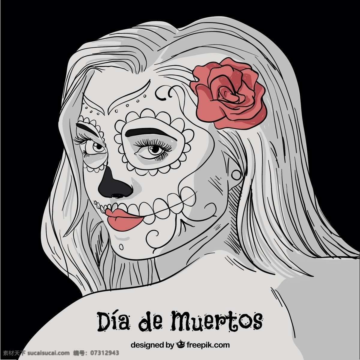 美丽 背景 一个 手绘 女人 花 手 头骨 手画 颜色 花背景 庆祝 节日 素描 墨西哥 丰富的背景 装饰 花卉背景 花卉装饰 女性