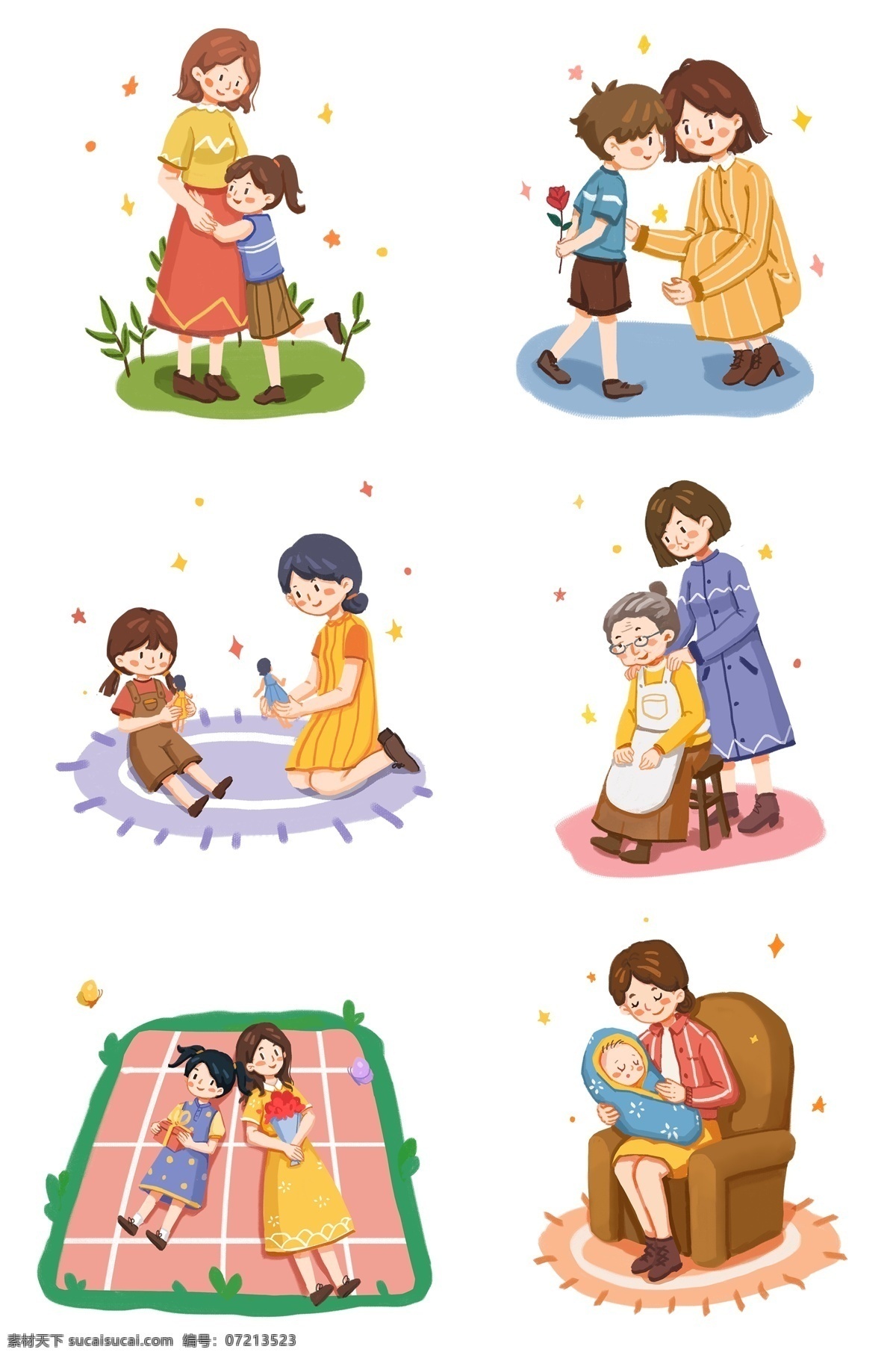 母亲节 套 图 系列 手绘 宝宝 妈妈 沙发 礼物 盆景 节日礼物 黄色 蓝色 粉红 装饰 贴画 免扣 套图 小猫咪