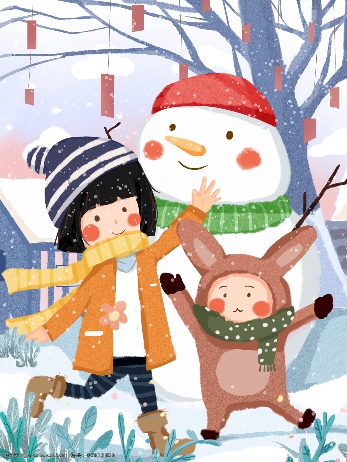 十二月 你好 小 熊 小女孩 可爱 温暖 插画 冬天 十二月你好 儿童