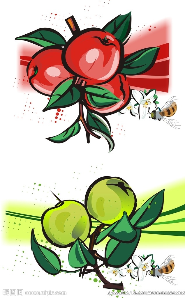 苹果 蜜蜂 花朵 矢量 绿苹果 红苹果 百合花 矢量素材 水果 生物世界 蔬菜