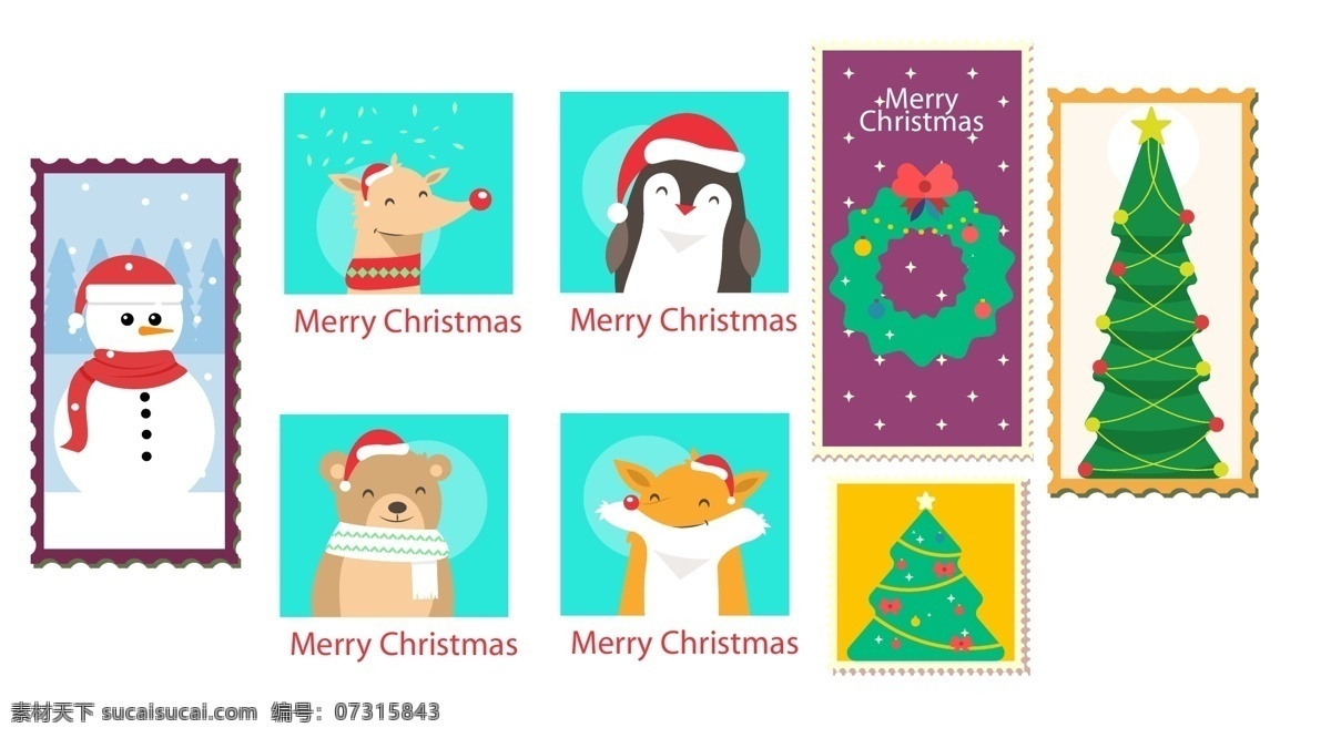 卡通 图案 圣诞 邮票 标签 圣诞树 英文 圣诞节 花环 驯鹿 企鹅 雪人