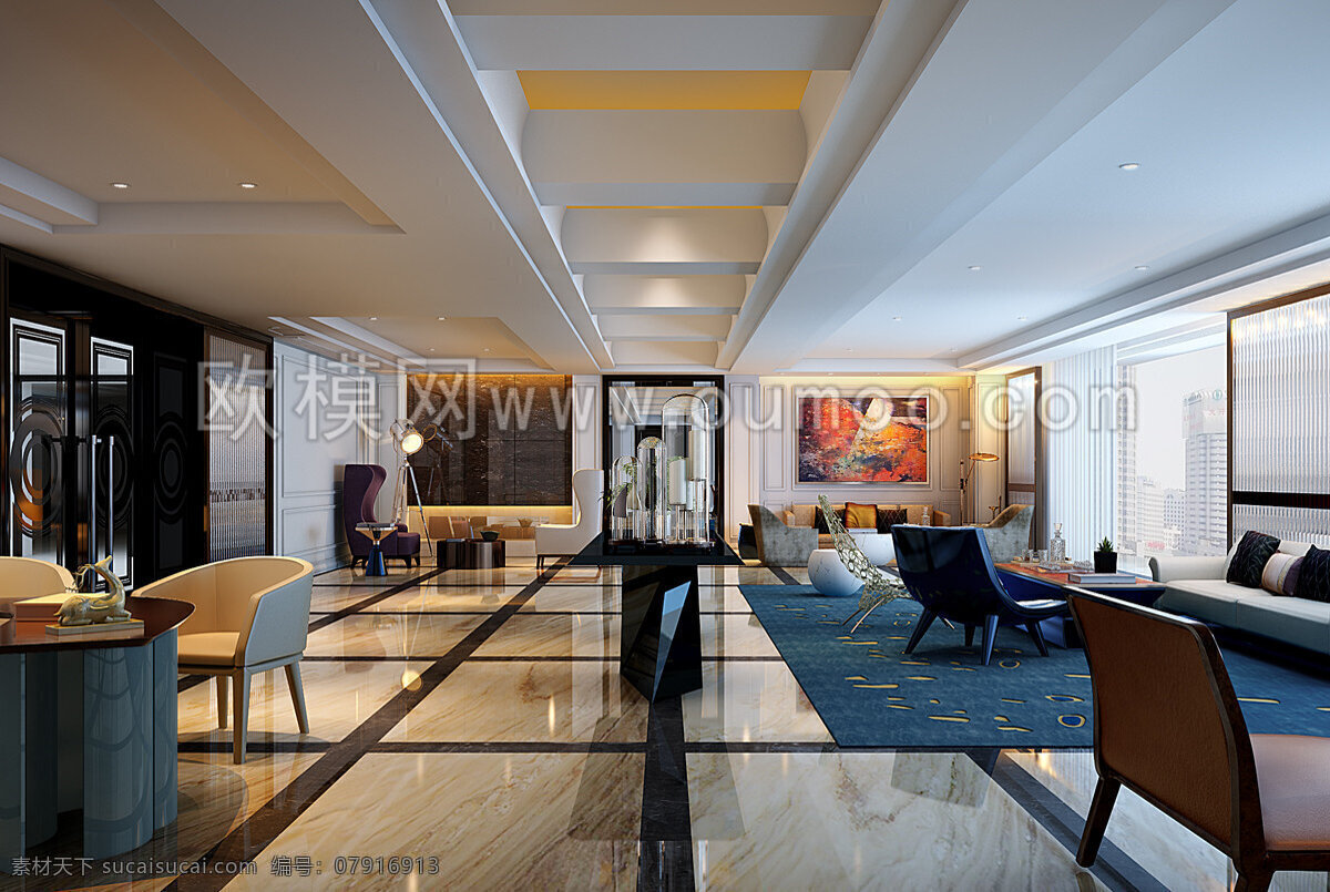 时尚 大气 欧式 酒店 会客厅 效果图 3d模型 3d渲染 高端模型 模型素材 酒店模型
