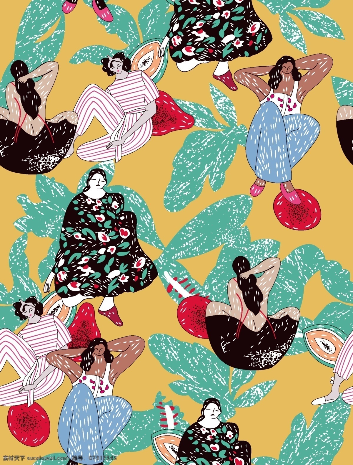 卡通女人 日本女人 日本妇女 数码印花 晕染 热带花 热带植物 水墨 花卉 矢量 手绘 水彩 分层