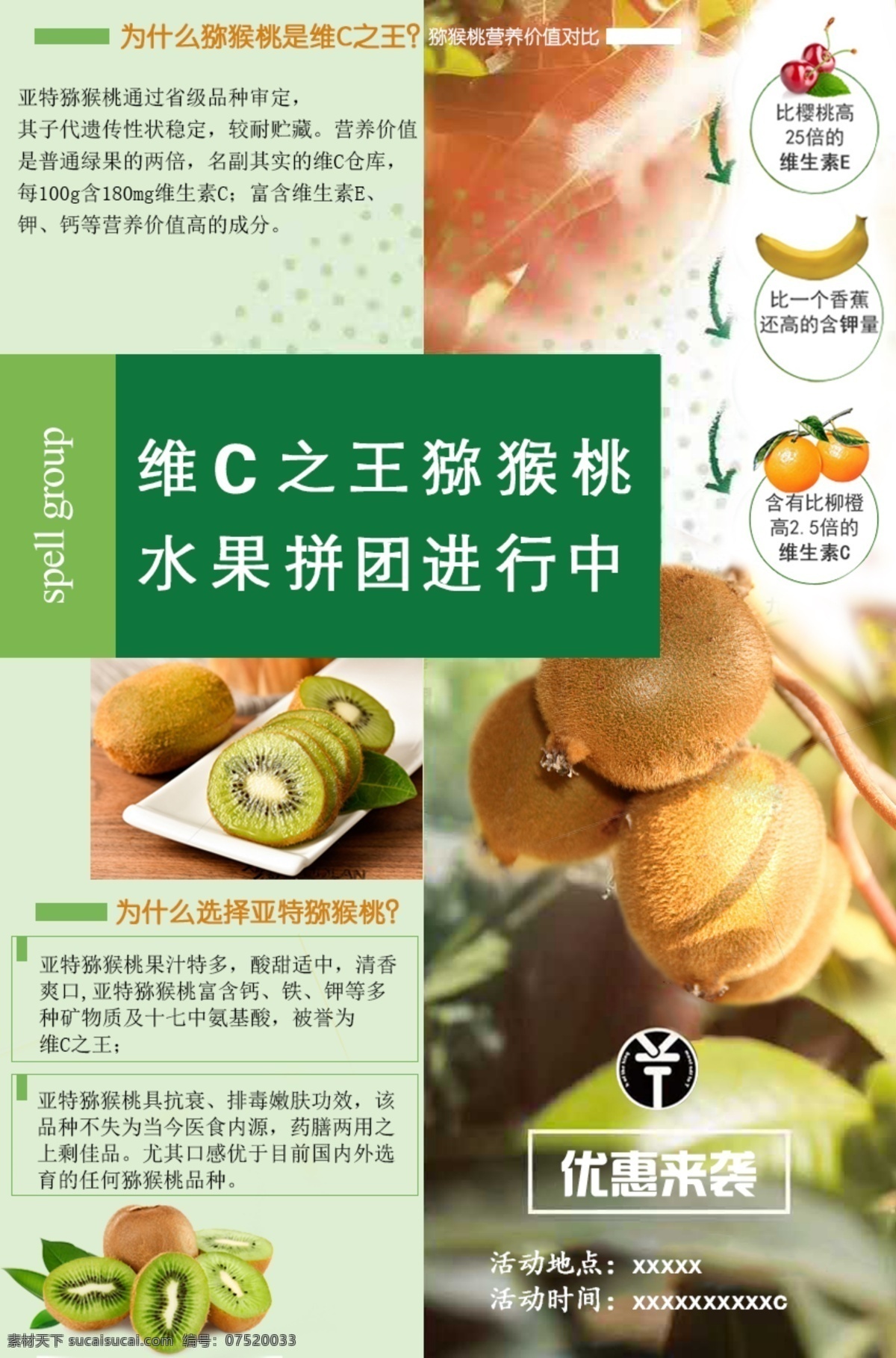 亚特 猕猴桃 水果拼团 知识 普及 猕猴桃树叶 营养 价值 维c之王 樱桃 香蕉 橙子 绿色食品 海报