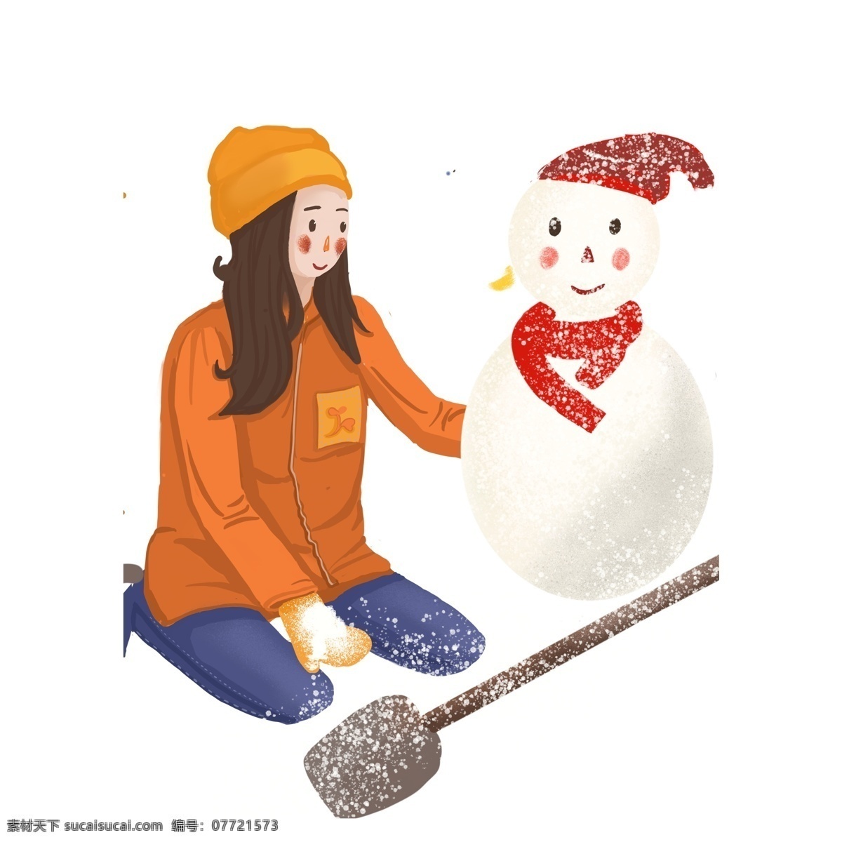 清新 唯美 冬季 大雪 中 铲 雪堆 雪人 女孩 冬天 插画 铲子 堆雪人 冬季场景 手绘