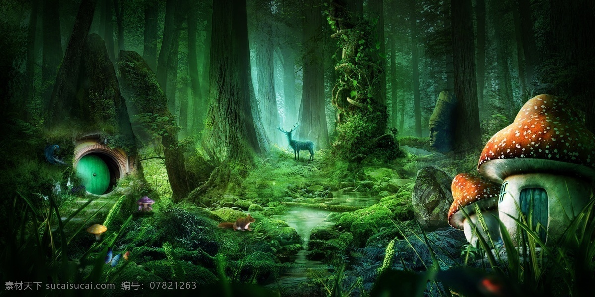 梦幻森林 梦幻 森林 丛林 树林 热带 雨林 童话 唯美 场景 背景 高清 合成 自然景观 自然风光
