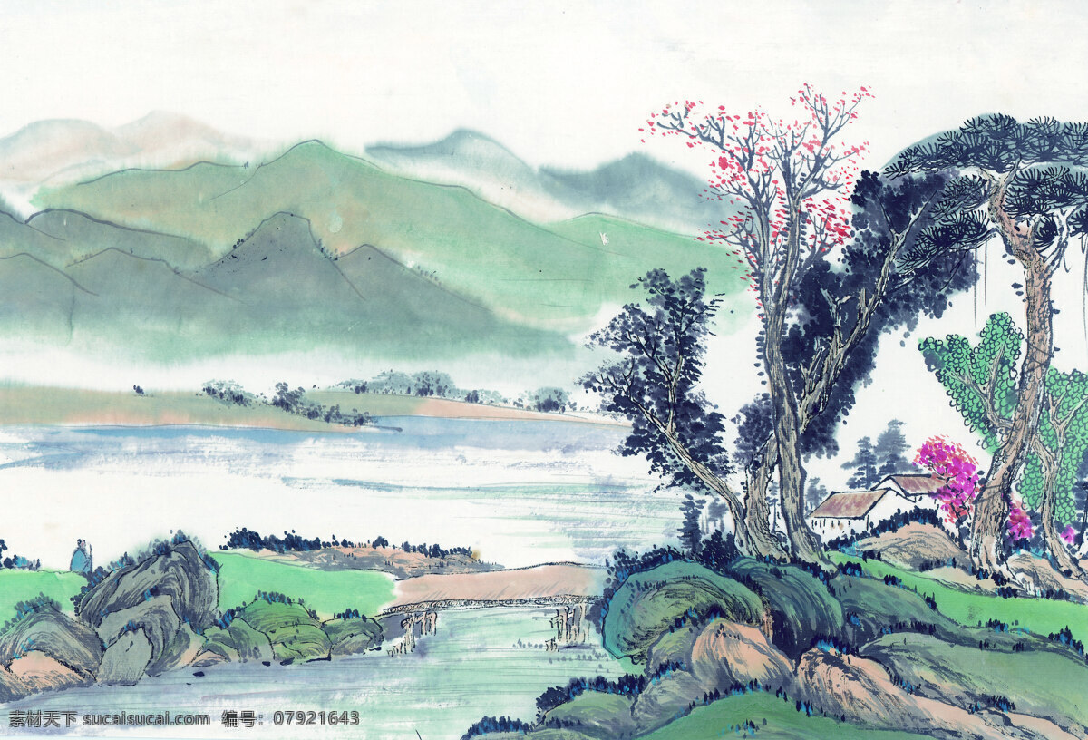中国画 艺术 古典 古画 绘画 江南人家 人物 山水 楼阁 家居装饰素材 山水风景画