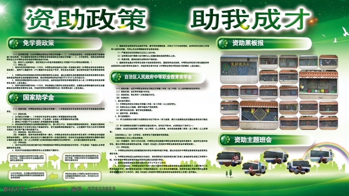 中等 职业教育 学生 资助 政策宣传 教育展板 教育写真 资助政策 中职资助 免学费 教育介绍 展板模板 广告设计模板 源文件 绿色