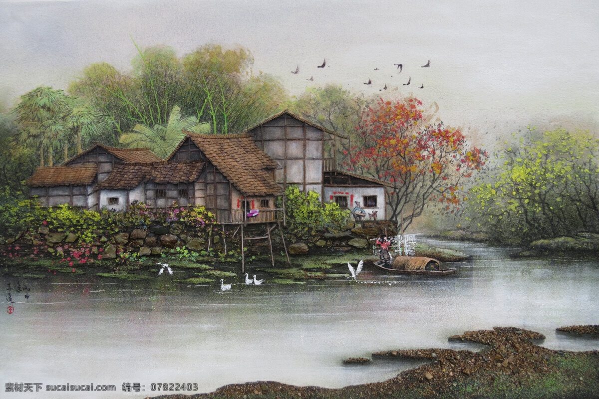 砂石画 王志进 澧水河 吊脚楼 老房子 乡村 彩岩画 湘西民居 文化艺术 绘画书法
