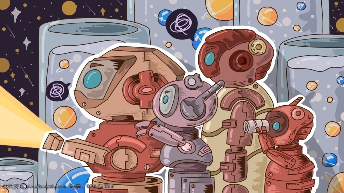宇宙 探险 机械人 夜 闯 星球 实验室 机械 壁纸 插画 封面 原创 插图