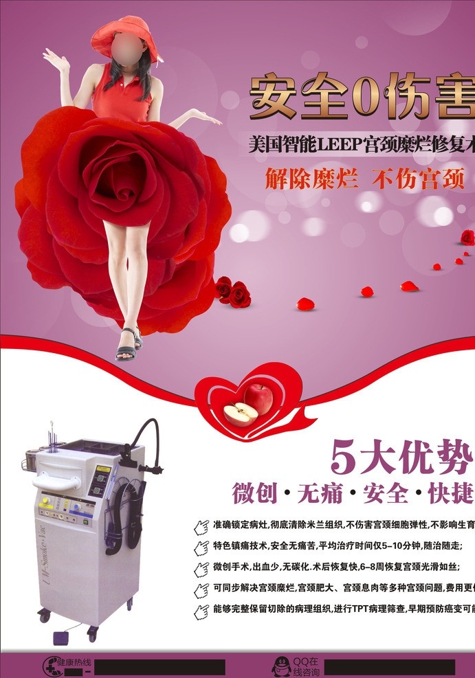 宫颈糜烂 妇科 美女 女人 爱心 微创手术 leep刀 安全 医疗广告 矢量