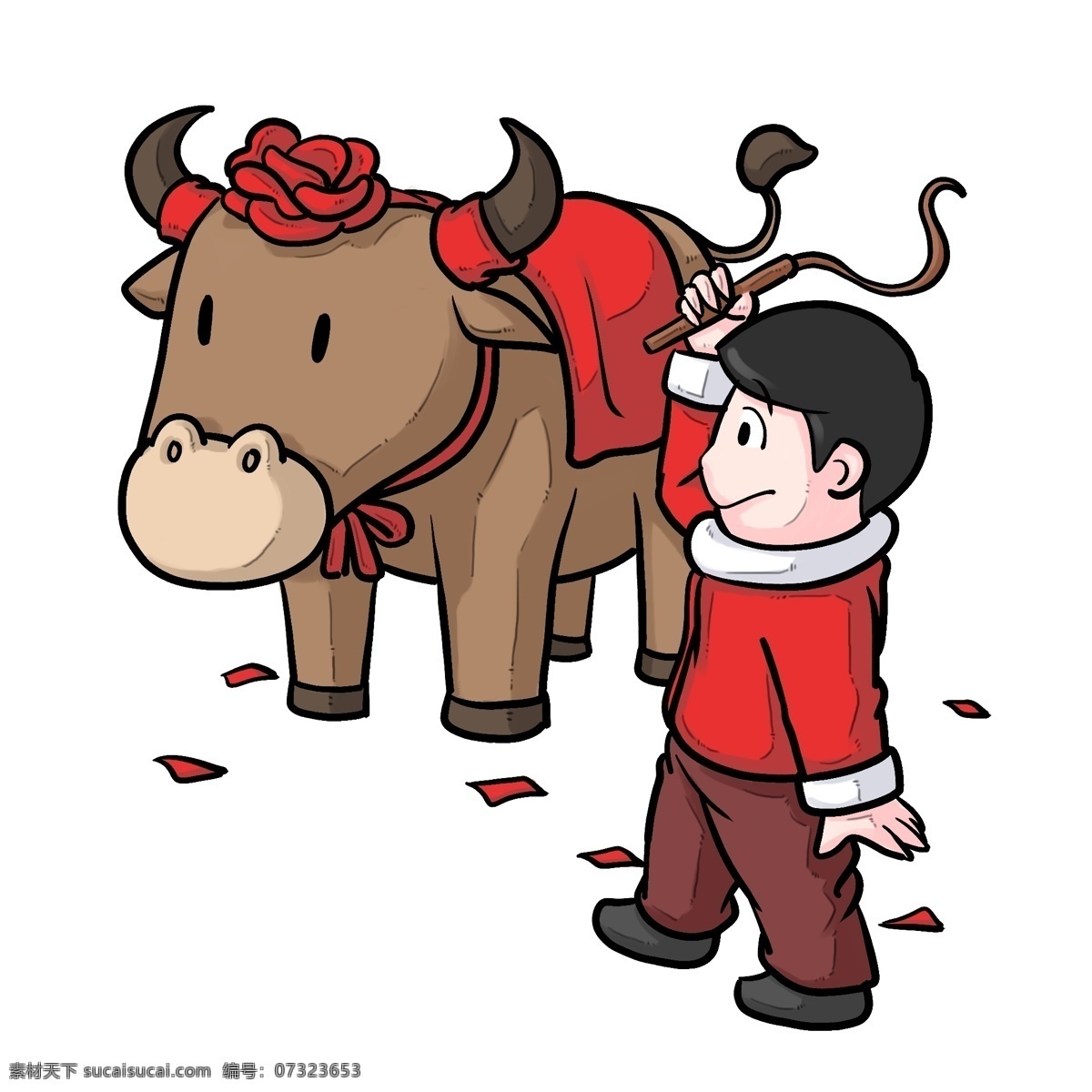 立春 人物 小牛 插画 红色的丝带 红色的蝴蝶结 玩耍的小男孩 卡通人物 手绘 黄色的小牛
