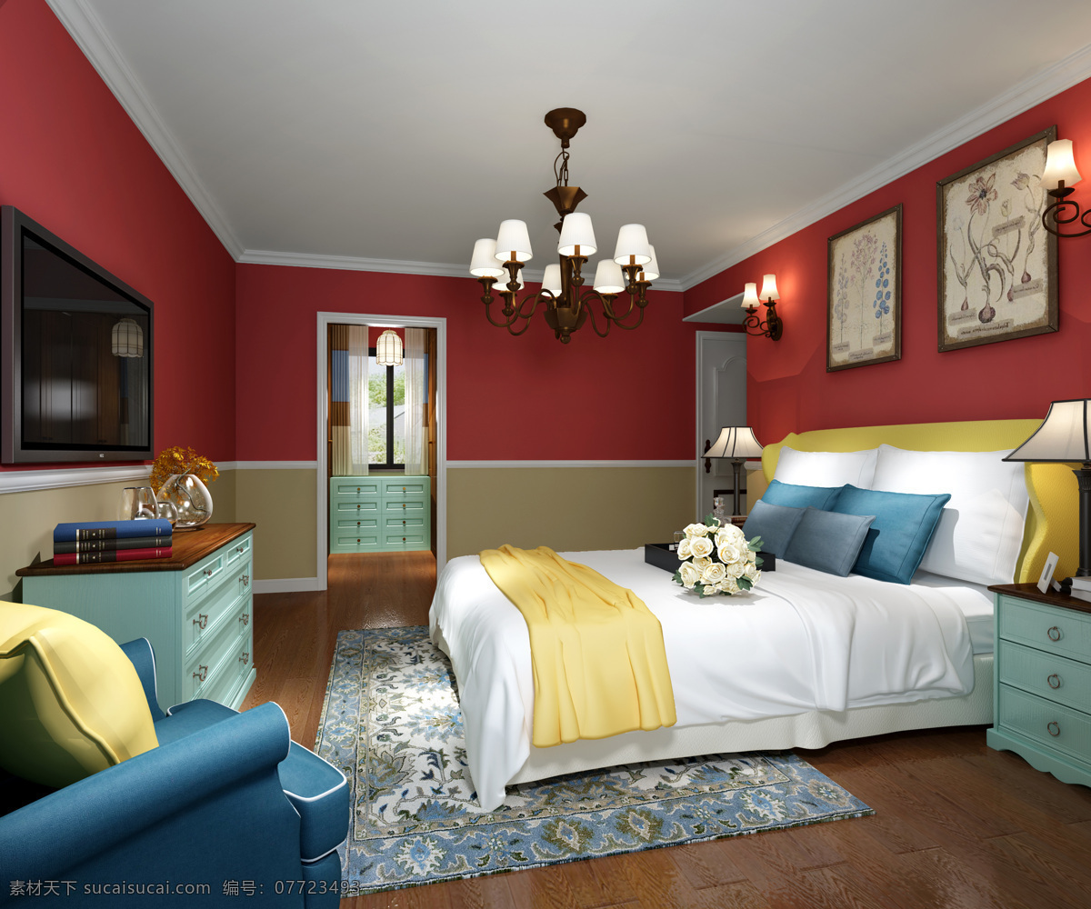 美式 清新 卧室 砖 红色 背景 墙 室内装修 效果图 木地板 卧室装修 砖红色背景墙 蓝色柜子