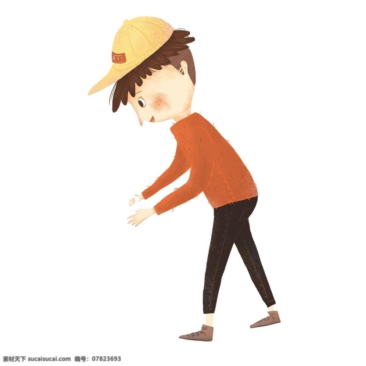 复古 肌理 带 帽子 少年 复古肌理 手绘 男生 男孩 草帽 人物 卡通设计