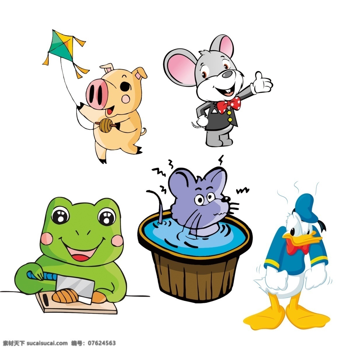 可爱卡通动物 放风筝的小猪 小老鼠 小青蛙 倒霉的唐老鸭 分层 源文件
