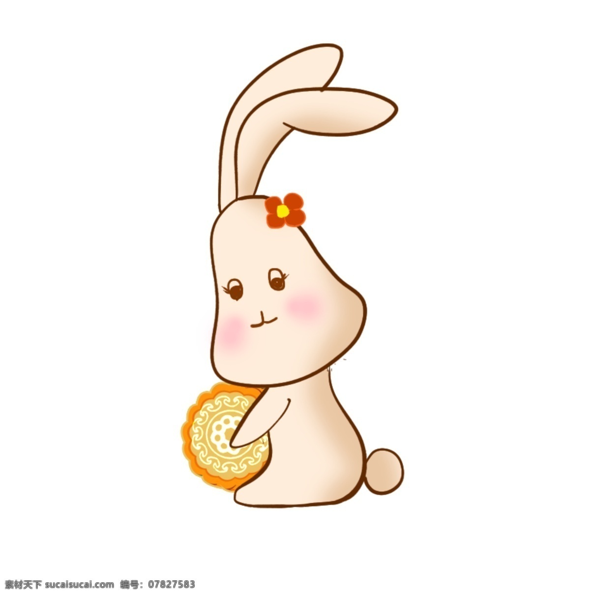 侧身 抱 月饼 兔子 卡通兔子 中秋兔子 可爱兔子 简约兔子 带小花的兔子