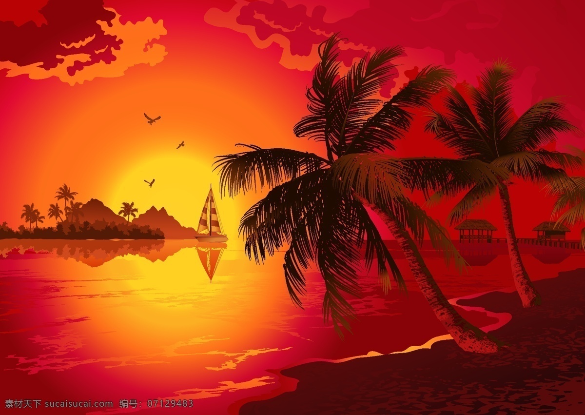 海边落日 大海 夏天 海边 落日 椰树 红色