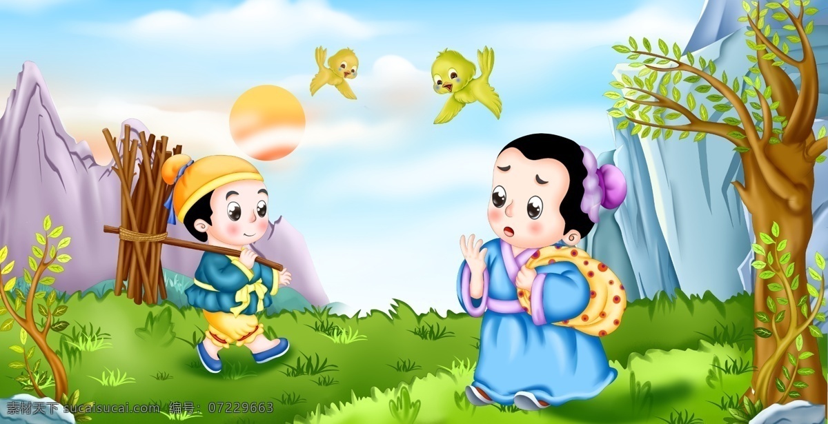 可爱 卡通 绘 风 渡 汉江 场景 插画 绘本 诗词 儿童 成语