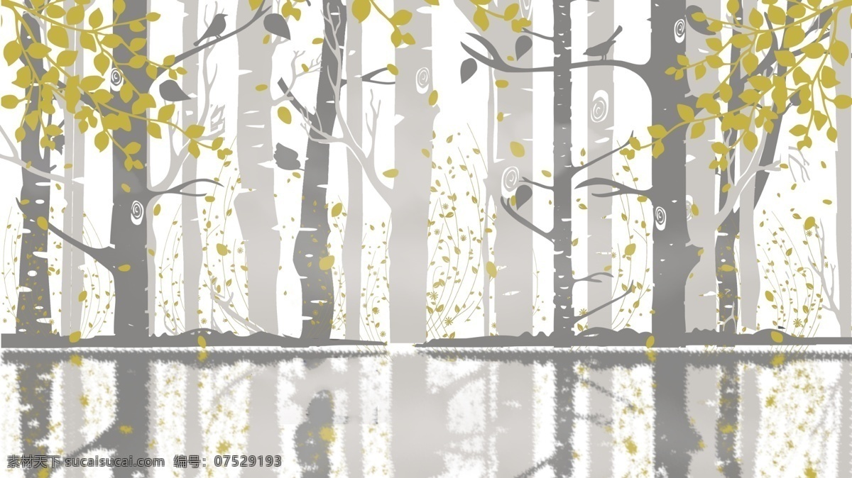 清新 早晨 白桦林 插画 背景 广告背景 背景素材 卡通背景 手绘背景 手绘 清晨 插画背景 树林背景 psd背景