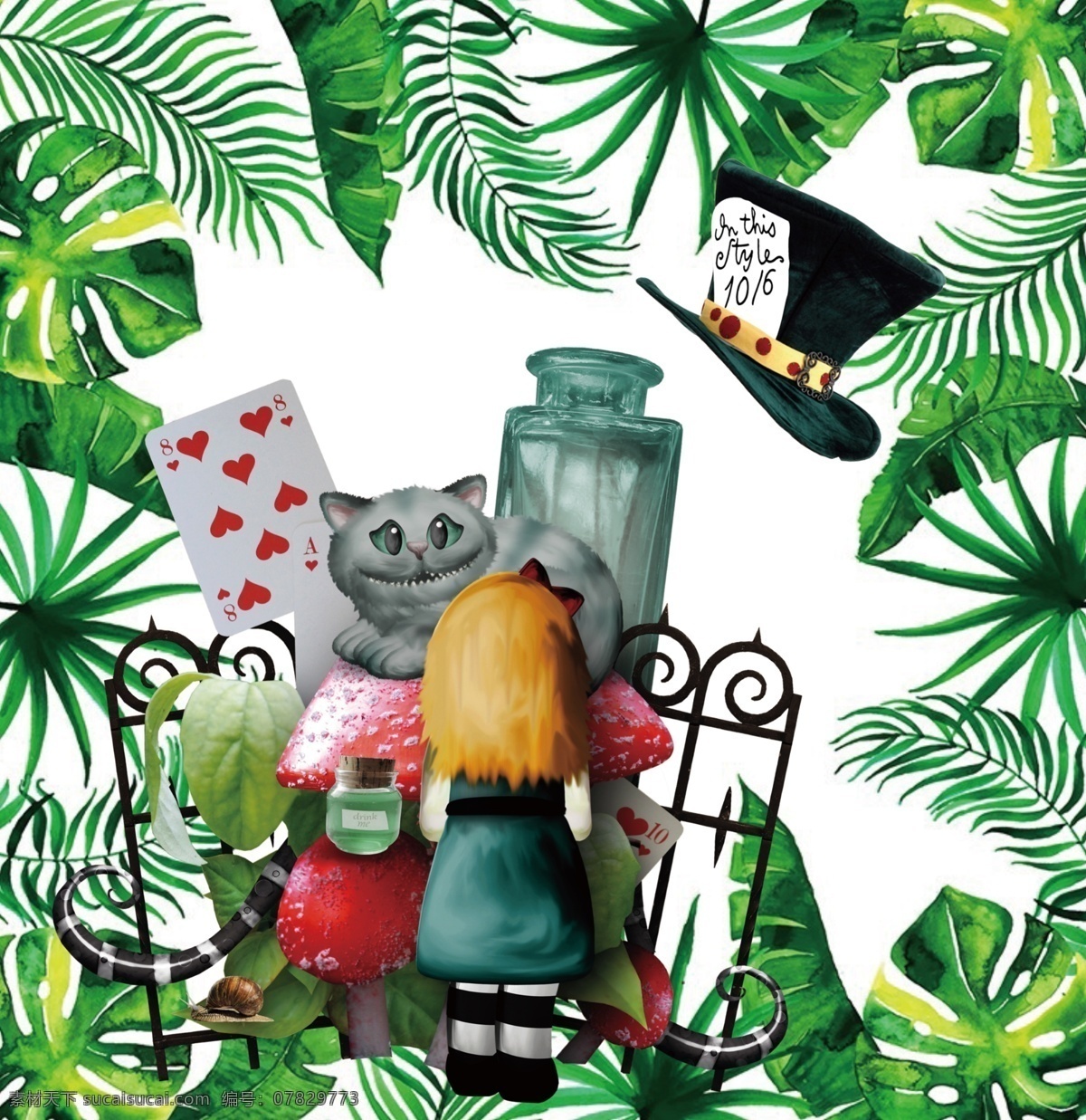 热带树叶 热带叶子 欧美风 花纹 帽子 猫 邪恶 扑克 室内广告设计