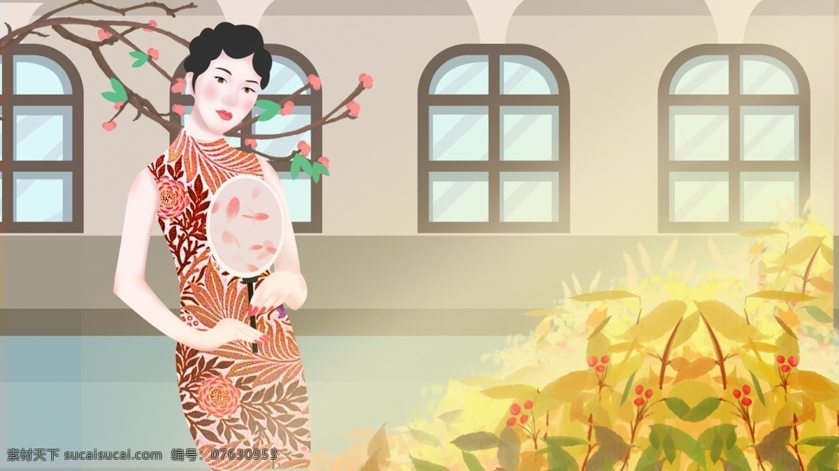 简约 复古 民国 时期 旧 上海 旗袍 美女 赏花 插画 旧上海 花枝 民国时期 团扇