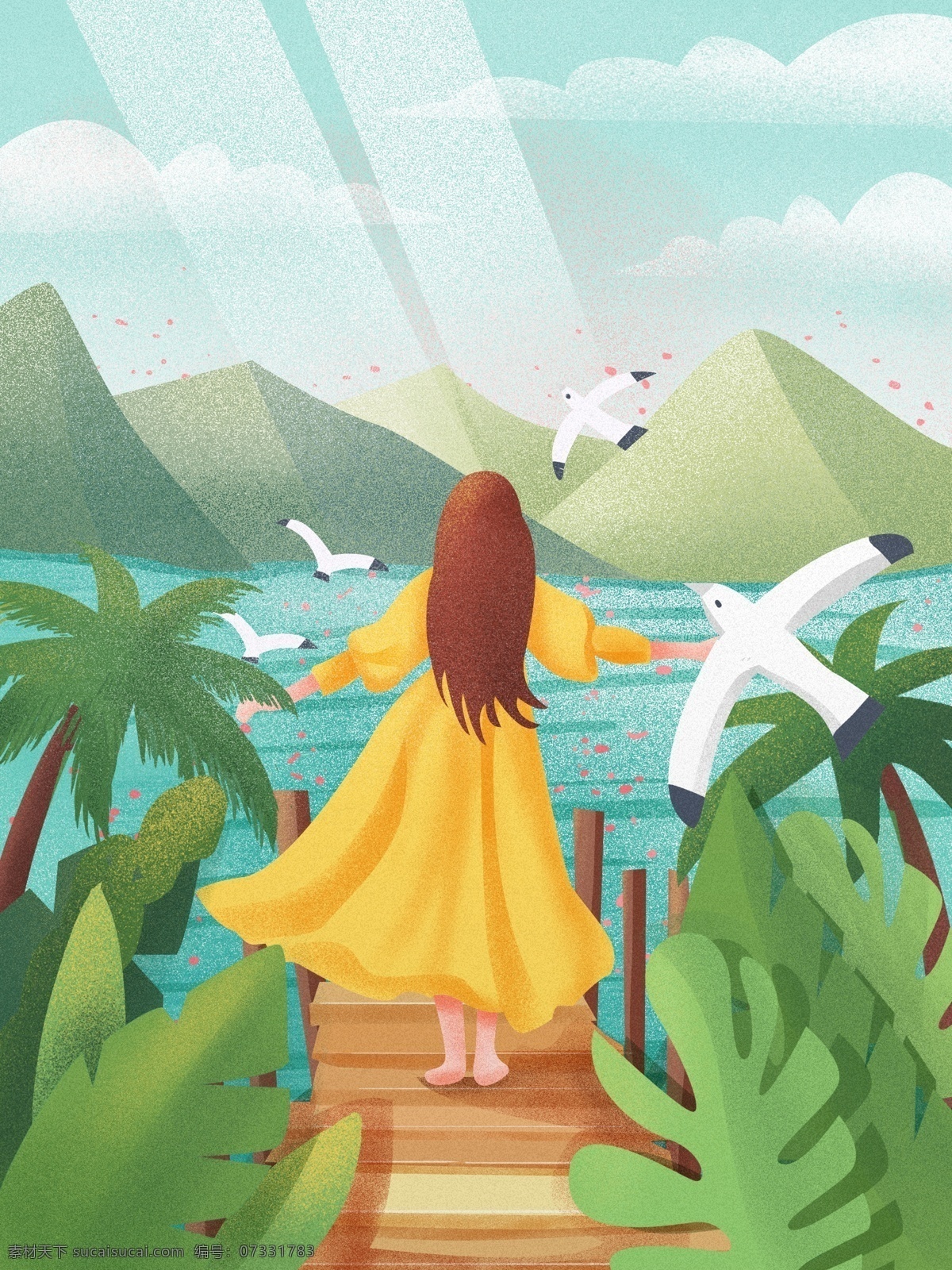女孩 海边 旅游 欣赏 大海 风光 噪 点 插画 旅行 鸟 栈道 植物 一个人的旅行 手机配图 公众号配图 噪点插画 春夏