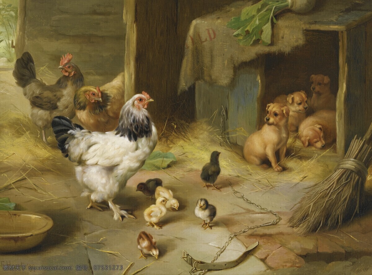 绘画书法 母鸡 文化艺术 小鸡 油画 小狗 设计素材 模板下载 小鸡和小狗 狗宝宝 鸡窝 19世纪油画