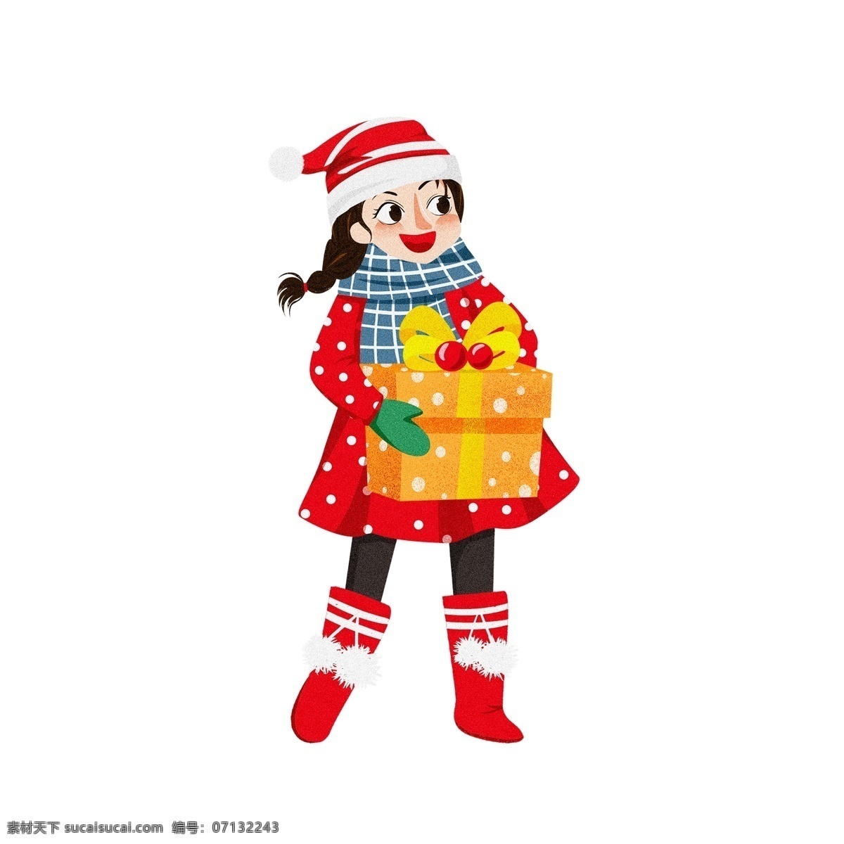 彩绘 圣诞节 开心 抱 礼物 女孩 卡通 可爱 人物 过圣诞 传统节日