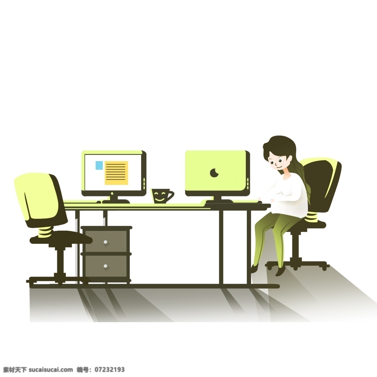 扁平化 卡通 正在 办公 女 白领 小清新 插画 人物 商务 电脑 女白领 办公桌