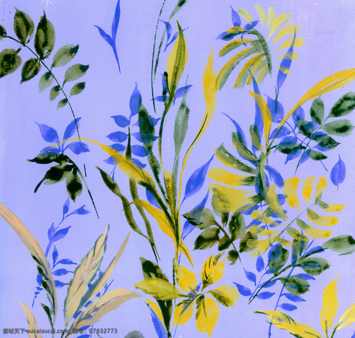 面料花型素材 手绘枝叶 印花 蓝色