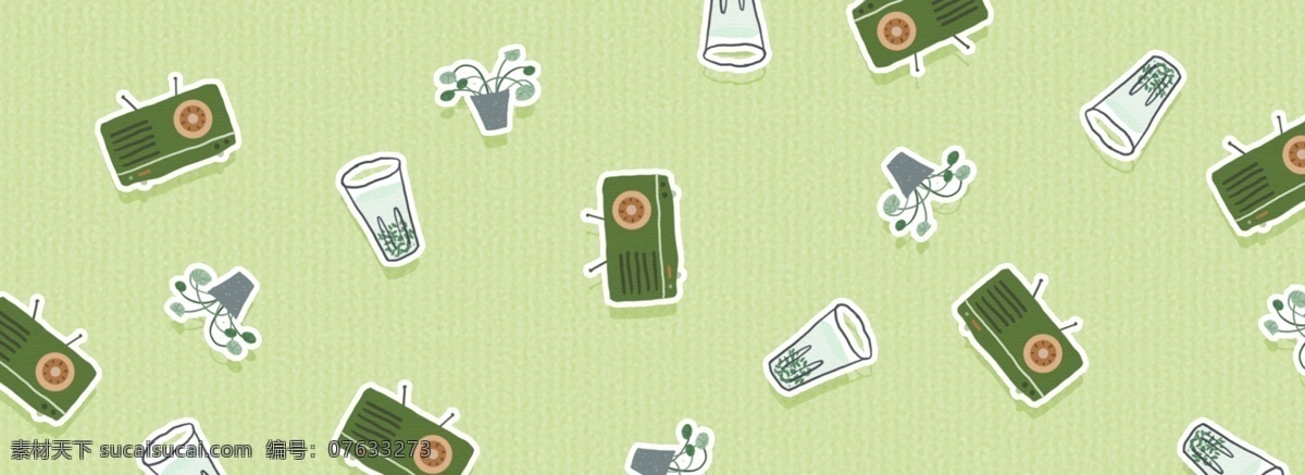 手绘 绿色 复古 收音机 banner 背景 墨绿 茶绿 下午 休息 茶杯 植物