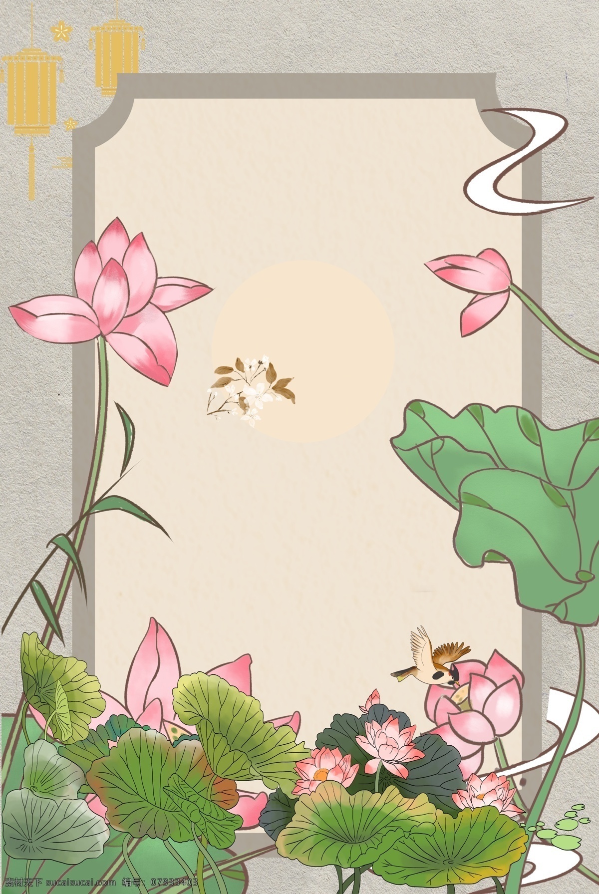 复古 风 灰色 海报 banner 背景 古风 灰色背景 简约风格 psd源文件 淘宝 天猫 海报背景 荷花 纹理 开心