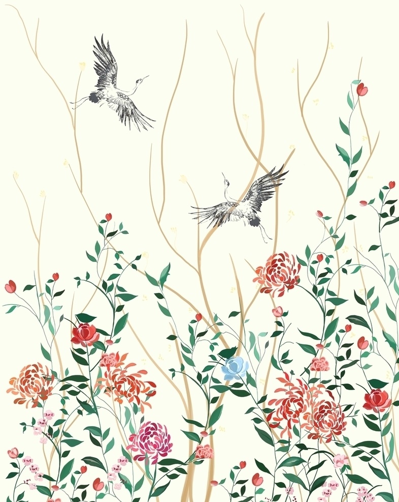 复古花卉 复古 中国画 国画 水墨画 水墨花 花朵 水彩画 水彩花 工笔画 樱花 淡雅 淡雅花朵 花草 写意 中国风 分层