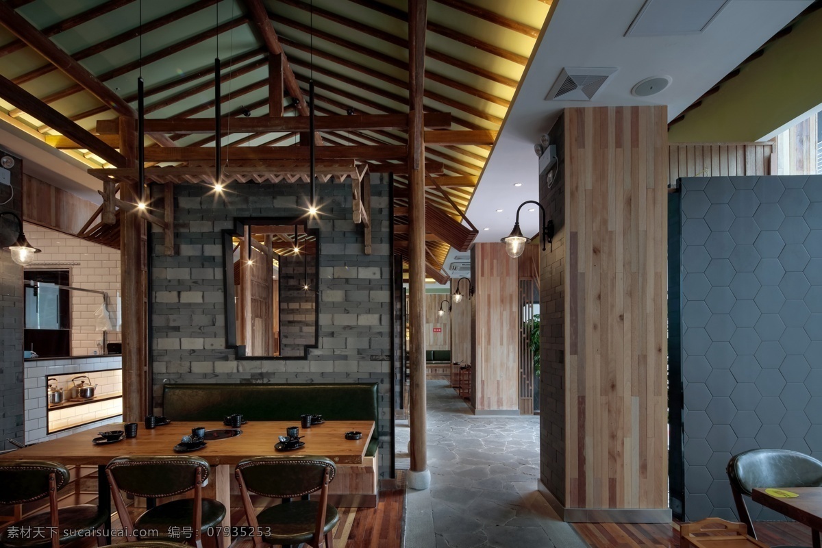 简约 咖啡厅 木质 条纹 吊顶 装修 效果图 白色灯光 长方形餐桌 个性吊灯 灰色地板砖 木门 桌椅