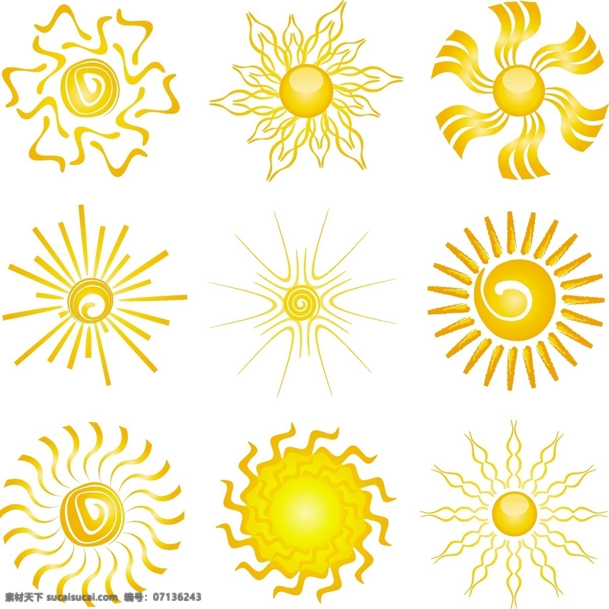 收集 不同 太阳 图标 摘要 夏天 阳光 假日 热带的象征 季节 对象 晴天