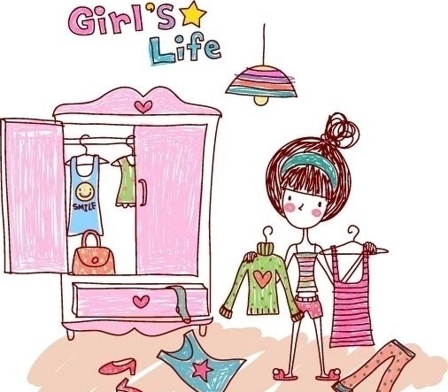 女生的生活 girl s life 寝室衣橱 女孩 少女 衣柜 卧室 换衣服 试装 试穿 毛衣 吊带 背心 小可爱 鞋子 裤子 妇女女性 矢量人物 矢量