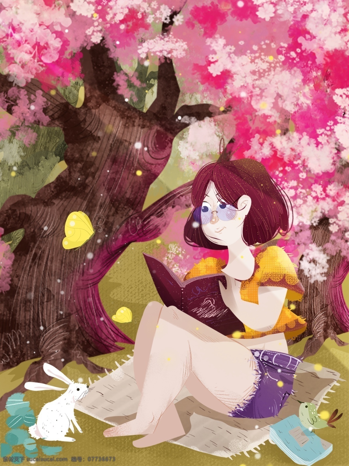 青年节 手绘 文艺 女 青年 插画 女青年 原创插画 小清新 读书 兔子 小鸟