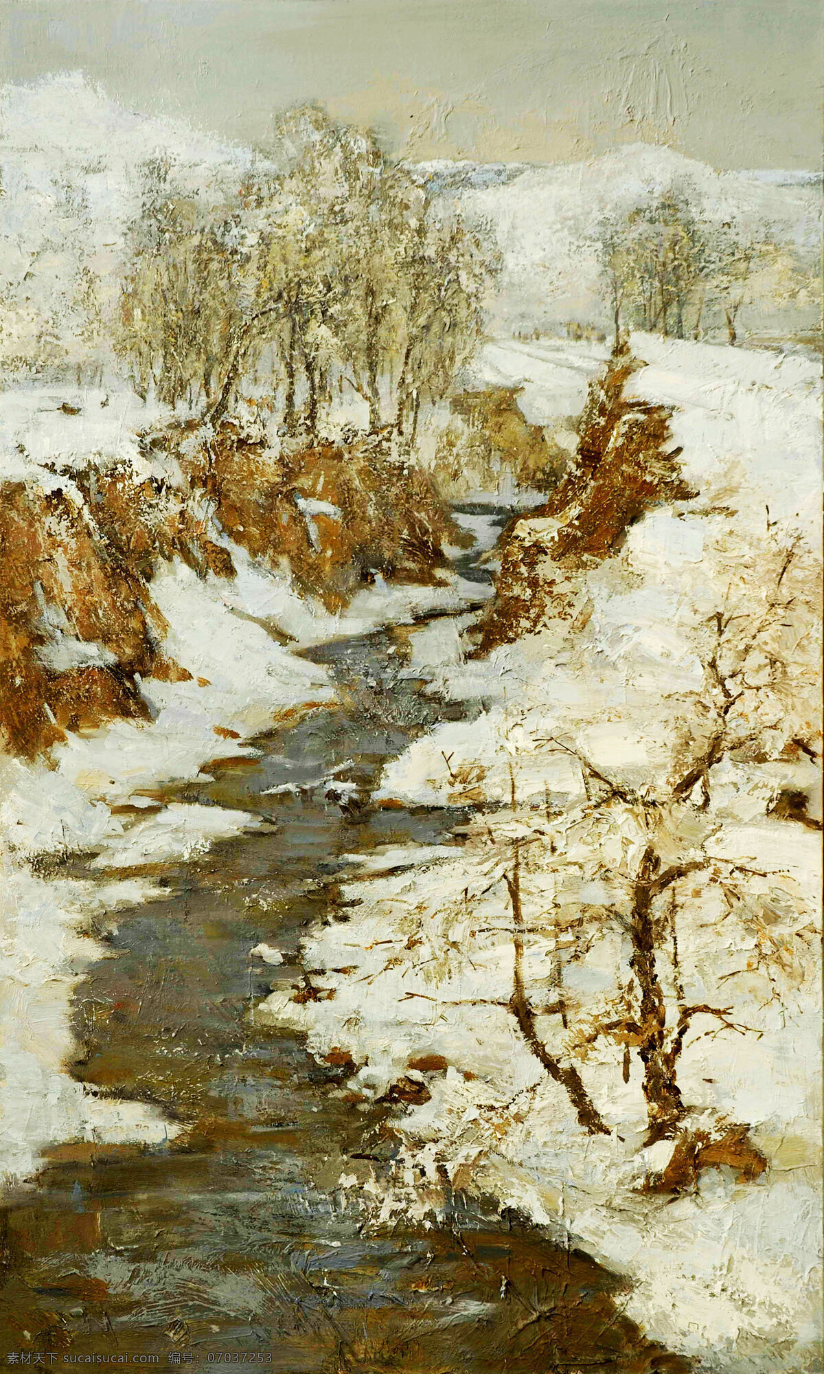 白雪 风景画 绘画 绘画书法 美术 山岭 树木 三月 雪 设计素材 模板下载 三月雪 油画 现代油画 溪流 雪地 天空 油画艺术 油画作品7 文化艺术 装饰素材 山水风景画