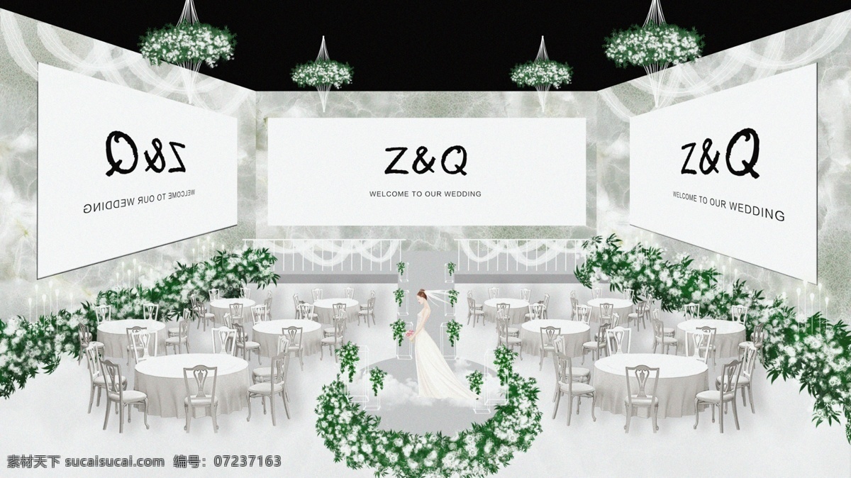原创 手绘 婚礼 场景 系列 效果图 结婚 浪漫 唯美 婚礼场景 婚礼效果图 白绿色 路引 道具 桌椅 新娘 女孩 花 led led屏
