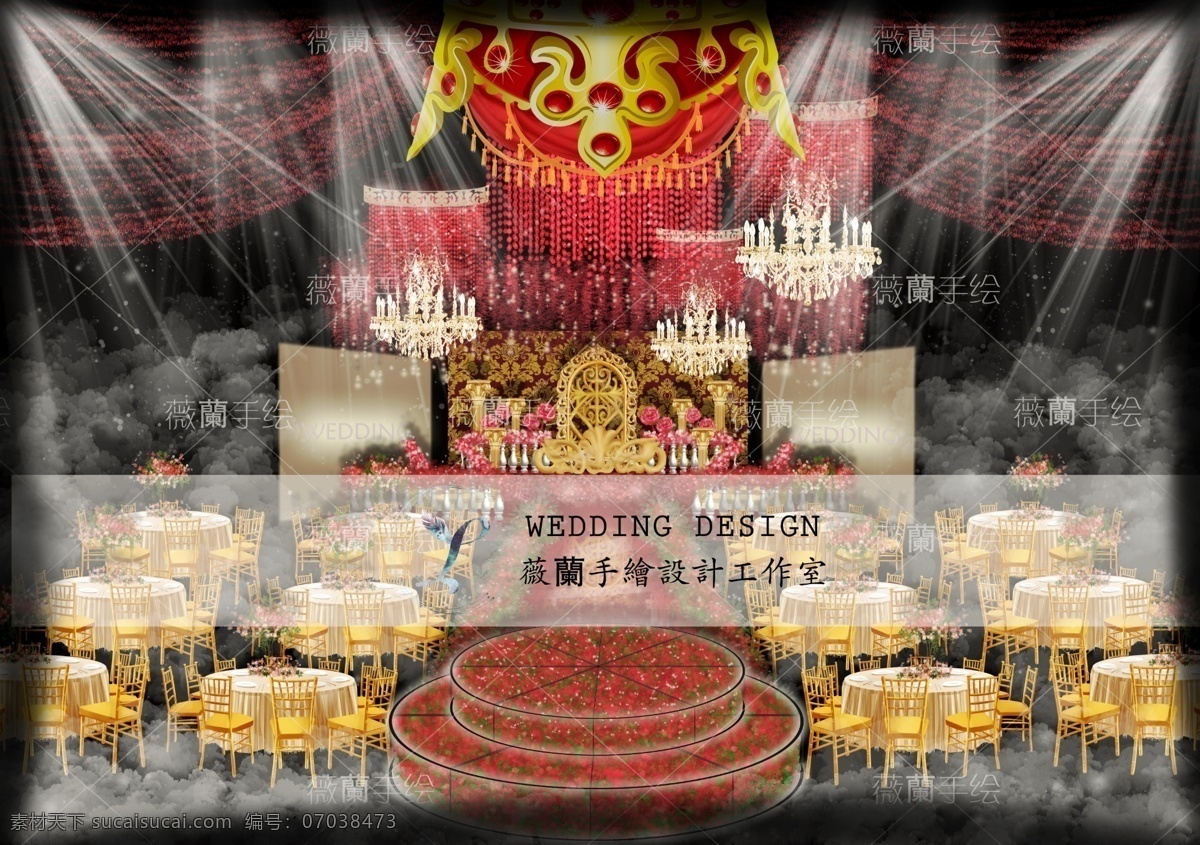 欧式 红 金 婚礼 效果图 玻璃圆舞台 金色罗马柱 婚礼设计 泡雕拱门