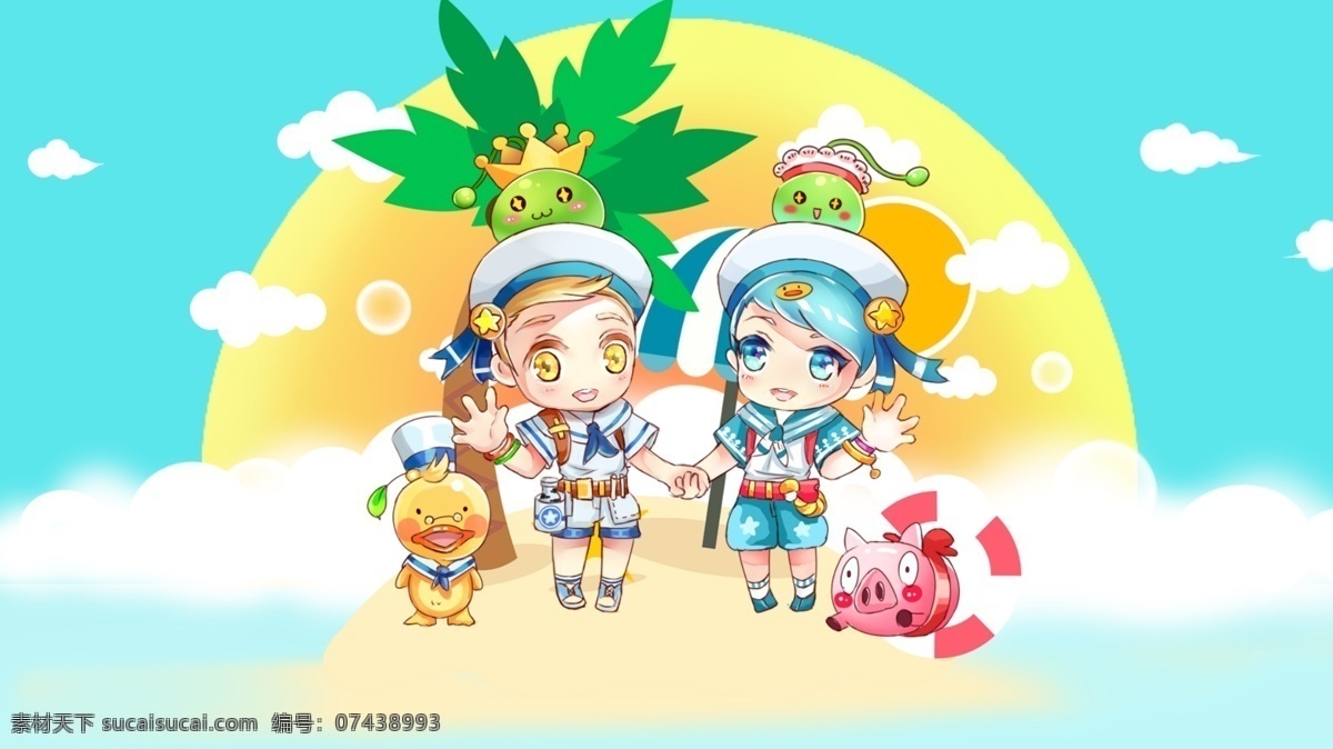 处暑 夏季 夏天 你好 可爱 小 男孩 动物 夏日 海边 卡通 插画 你好夏天 冰爽夏天 小男孩 小伙伴 小动物 小黄鸭 小猪 度假 签到 九月你好 你好9月