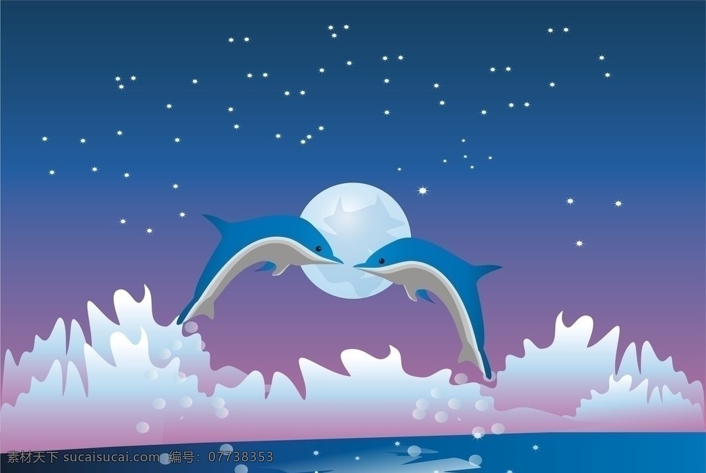海上风光 海豚 i海上风光 自然景光 夜晚 海洋生物 生物世界 矢量
