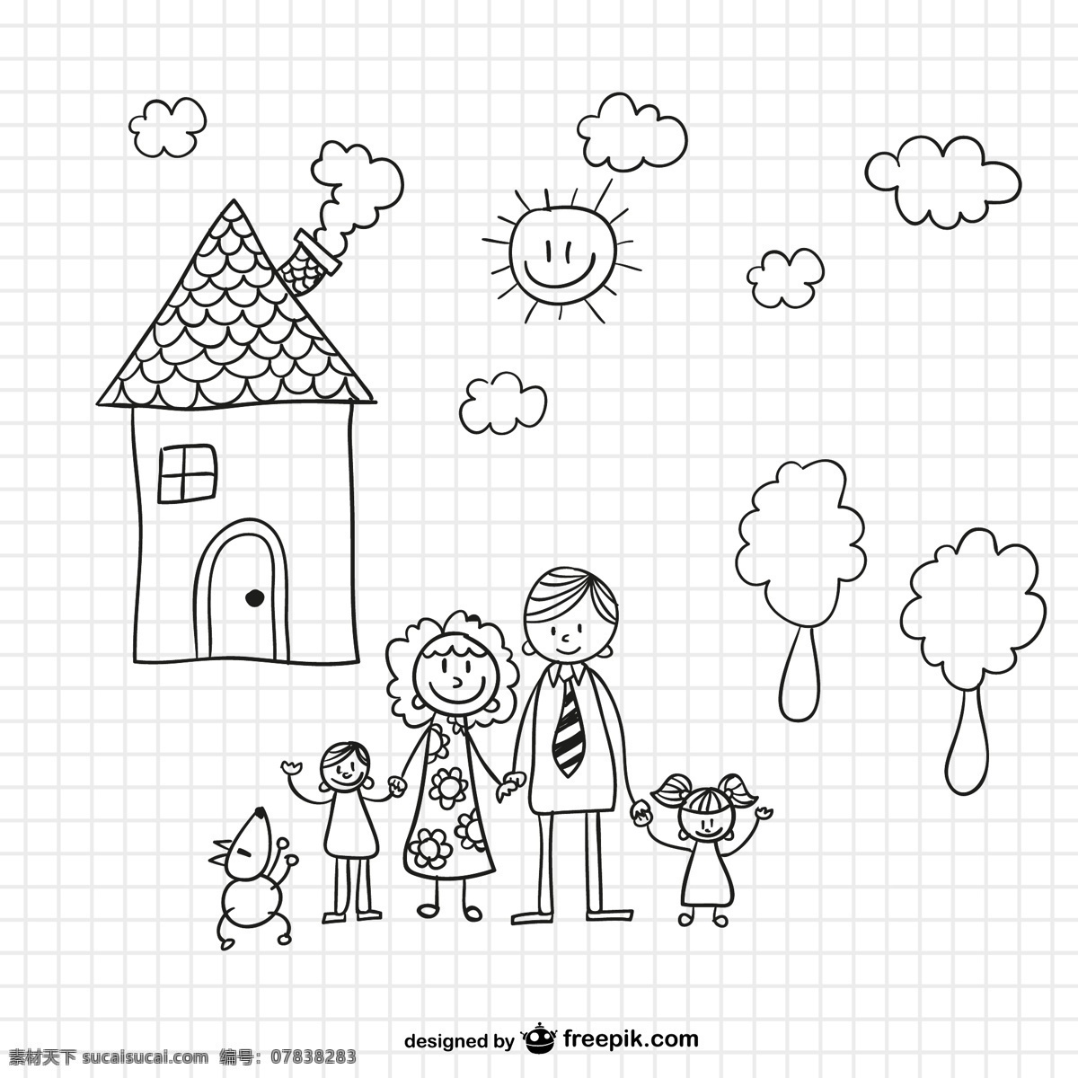 手绘 家庭 插画 矢量 素描 云朵 矢量素材 一家三口 植物 水彩 儿童绘画